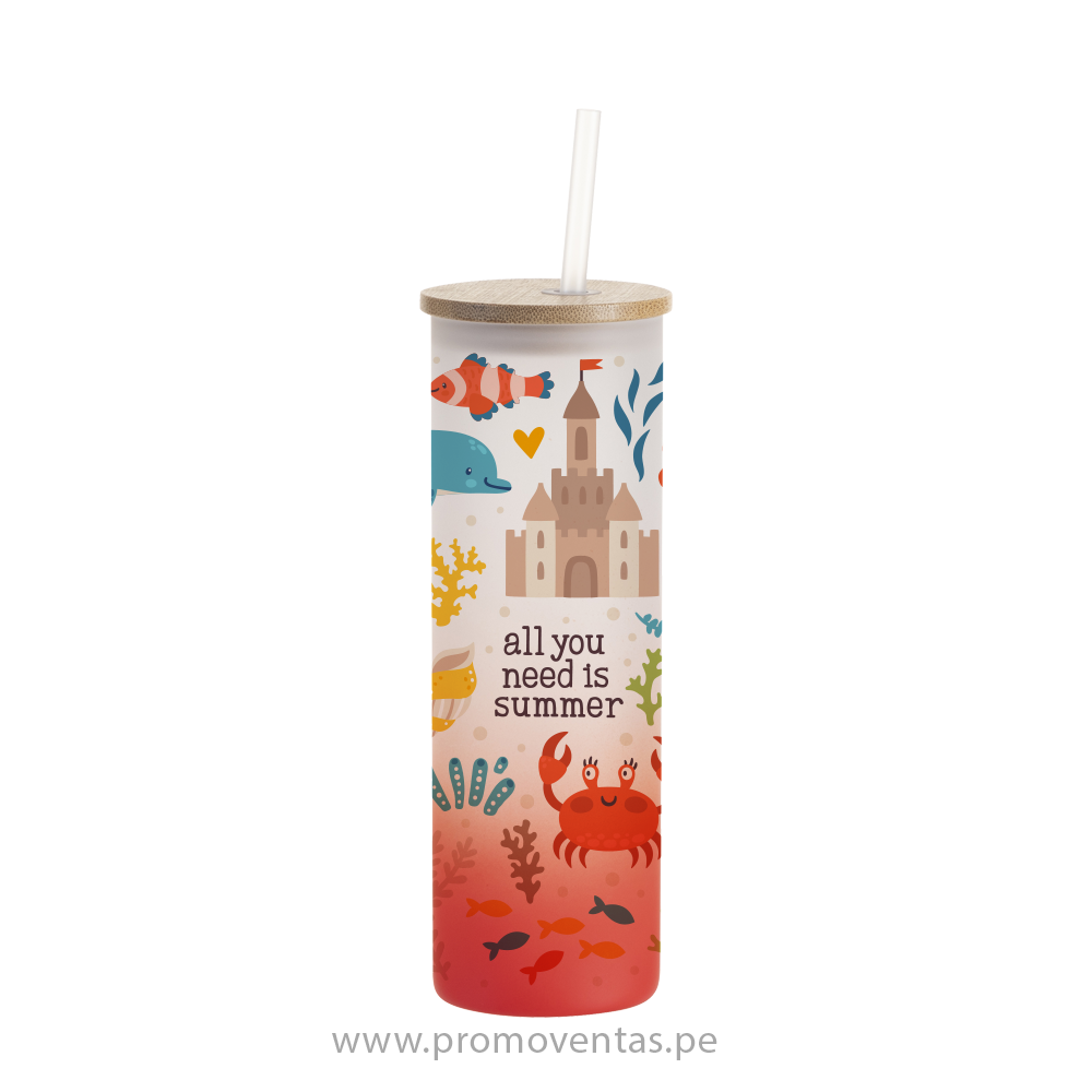 20oz-600ml Glass Skinny Tumbler w-Straw & Bamboo Lid(Frosted, Gradient Red)